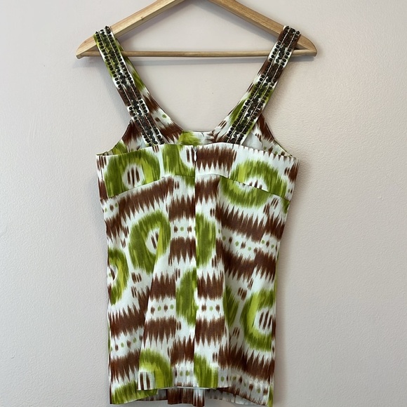 Trina Turk Beaded Ikat Print Tank Top Cotton Resort Luxury Boho Glam Green Small - Picture 4 of 9